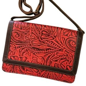 Vtg Tooled‎ Leather Crossbody Bag Boho Hippie Western Festival Satchel Brown Red